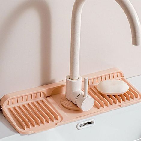 Tapis de Robinet en Silicone, Protection Anti-éclaboussures pour Robinet d'Évier, Tapis de Drainage Tampons de Robinet Tapis de Séchage pour Cuisine Comptoir Salle de Bain (Rose,37x14x2,1 cm)