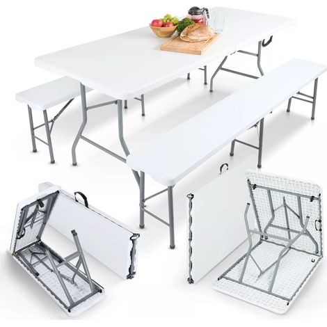 AREBOS beer tent set 3-piece set table + 2 x bench indoor - outdoor tent set beer table set foldable & with carrying handle camping table white (1/5)