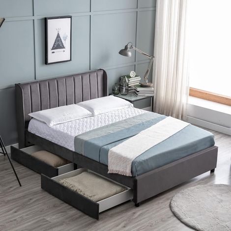 Cama tapizada de 140 x 200 cm en franela con somier de láminas, cabecero, 2 cajones, color negro (gris). (1/5)