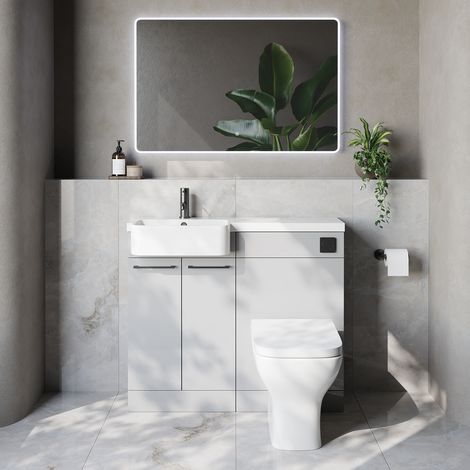 Napoli 250 Gloss Grey Pearl 1000mm 2 Door Vanity Unit Toilet Suite with Left Hand Round Rico Semi Recessed Basin - 1000mm - Gunmetal Grey 160mm HandleWith Kingston Toilet Pan and Seat