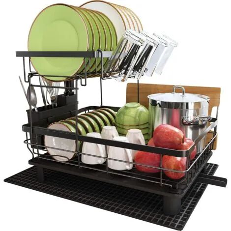 Égouttoir à vaisselle à deux niveaux, en acier inoxydable, avec porte-tasses et porte-couverts, grand égouttoir noir à vidange automatique. (1/3)
