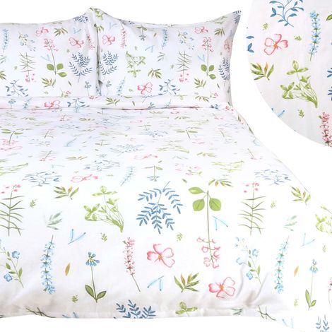 Bettwäsche-Set 180x200 cm, Baumwollflanell mit flauschigem Muster, bunte Blumen, weiß (1/5)