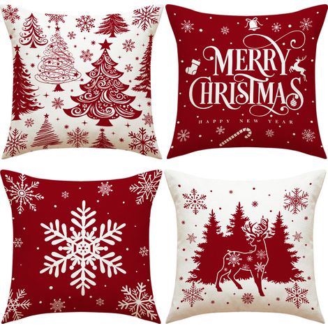 Set di 4 federe natalizie, federa rossa 45 x 45, federa decorativa a forma di albero di Natale, decorazione invernale natalizia per soggiorno, camera da letto (1/5)