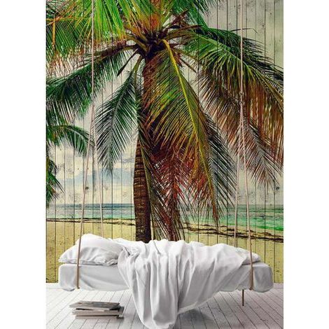 Papier peint panoramique design motif palmier Tapisserie panoramique tropicale pour chambre Papier peint panoramique place effet bois (1/3)