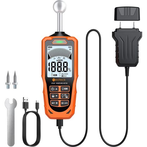 Testeur Humidité 2 en 1 à Sondes Sphérique et à Aiguilles - Détecteur Humidité ±2.5% pour Bois Béton Mur Plafond Sol Humidimètre Numérique avec Écran LCD Alarme Sonore Type-C Batterie Lithium (1/5)