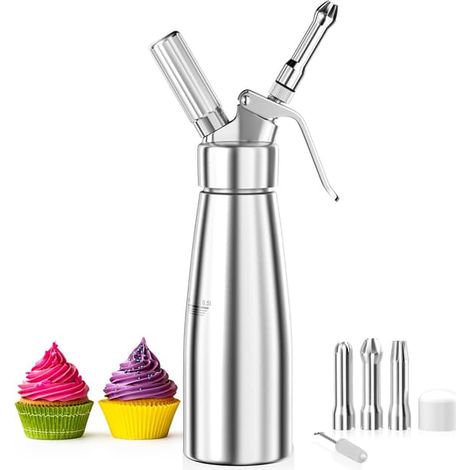 KLVGTIFS PU - Siphon à crème de 250 ml, seringue à crème en aluminium, avec 3 embouts décoratifs en acier inoxydable et 1 brosse de nettoyage.