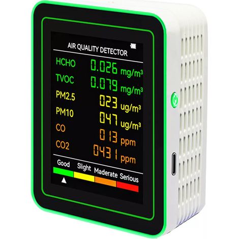 6-in-1-Luftqualitätsmonitor: Detektor für CO₂, PM₂.₅, PM₁₀, HCHO, TVOC, CO und Formaldehyd LCD-Bildschirm Gasdetektor CO₂-Sensor Analysator