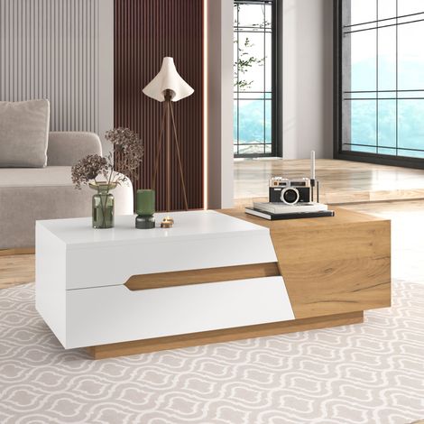 Table basse plateau coulissant multirangement 120 cm blanc et naturel (1/5)