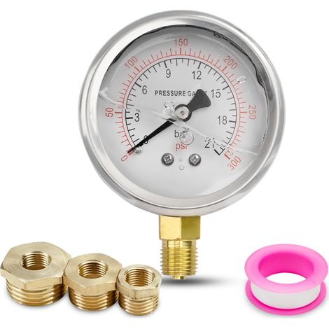 1pcs 40mm manomètre BSP 1/8 "0-21 BAR 0300 psi avec trois ensembles de à 1/4 ", à 3/8 "et à 1/2 "et une bande de polytétrafluoroéthylène, radial (1/5)