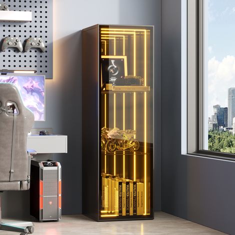 REDOM - Vitrina 30x30x90 cm, 3 compartimentos, estantes ajustables, iluminación LED, bisagras de cierre suave, MDF vidrio negro (1/5)
