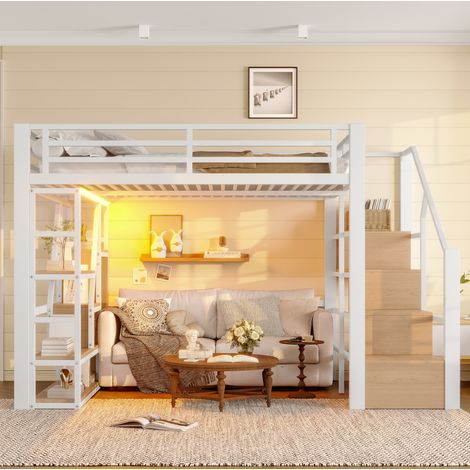 Letto soppalco bambini 140x200 cm, metallo e MDF bianco, salvaspazio, senza materasso FloraGrace (1/5)