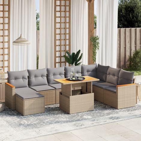 Set de sofás de jardín 9 pzas con cojines ratán sintético beige vidaXL (1/3)
