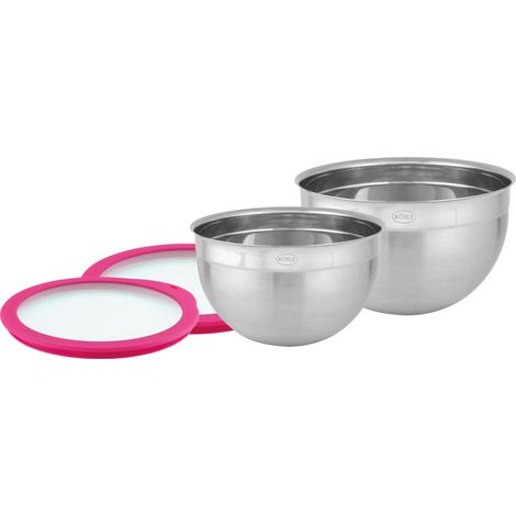Set de 2 saladiers et couvercle (Ø 20 et 24 cm), Pink Charity Edition, saladiers en acier inoxydable pour la préparation et la conservation des aliments, lavables au lave-vaisselle (1/5)