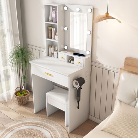 Tocador blanco 60 x 38 x 131,5 cm con espejo LED, enchufe y taburete - CHICFURN (1/5)