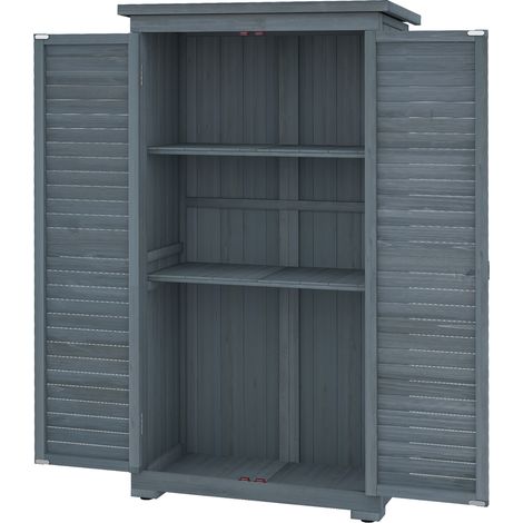 Grauer Gartenschuppen aus Holz, 87 x 47 x 160 cm, 2 Regalböden, Bitumendach, Lamellentüren