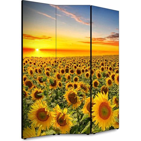 Lupia - Separe' per interni, Divisorio 135,6 x H 176 x P 3,1 cm GIRASOLI AL TRAMONTO paravento 3 Ante in legno con Tele stampate fronte retro Soggetto unico (1/4)