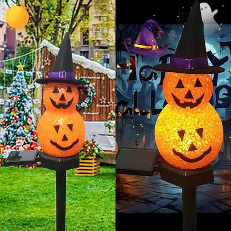 LED Solaire alimenté Grains de Riz Homme Neige Bouchon Terre lumière, Halloween atmosphère extérieure lumière de décoration, Jolie Lampe Chaude Cour Bonhomme Neige Chapeau Noir. (1/5)