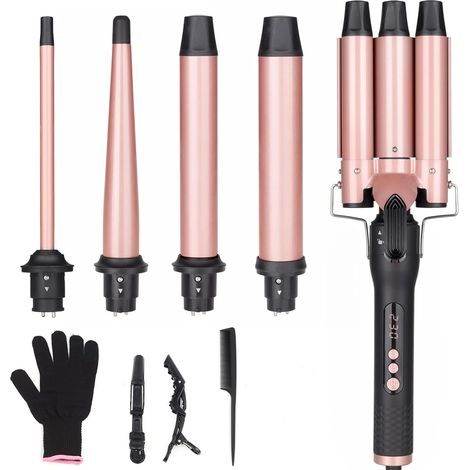 Hair Curling Iron with 3 Wave Iron Heads and 4 Interchangeable Ceramic Curling Iron (9-32 mm) for Beach Waves, Natural Waves, Fast Heating LCD Screen, Includes Glove (1/5)