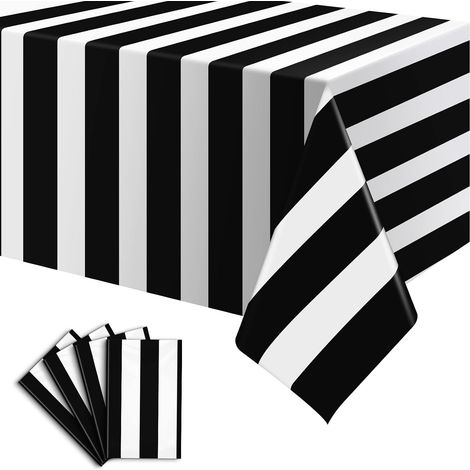 Pack de 4 nappes rayées noires et blanches, nappes jetables en plastique imperméables 137x274 cm, décorations de pique-nique de fête, (1/5)