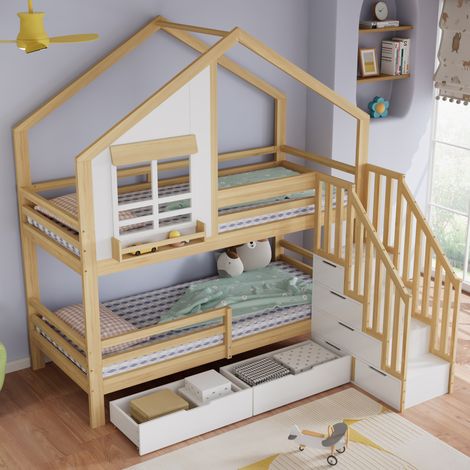 Letto castello 90x200 cm MDF bianco naturale con cassetti per bimbi senza materasso – MEUBLIV (1/5)