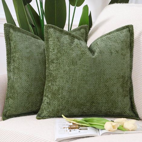 Juego de 2 fundas de cojín de terciopelo chenilla con borde decorativo suave para sofá o dormitorio, color verde musgo, 45 x 45 cm.