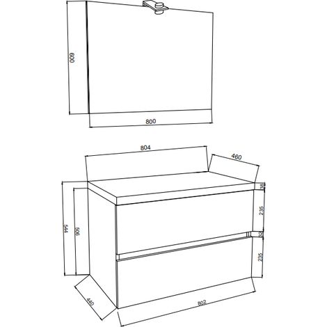 Hängender Badezimmerschrank 80 cm aus glänzend weißem Holz und Platte aus Natureiche mit Waschbecken und Spiegel – Civo - Con colonna specchio e lavabo rettangolare - Accessorio: Con specchio e lavab