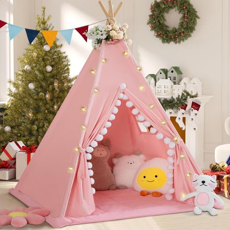 Tente tipi pour enfants avec tapis rembourré en toile de coton avec pompon pour tout-petits, tente de jeu d'intérieur pour filles et garçons avec lumières étoilées, sac de transport, fanion (1/5)