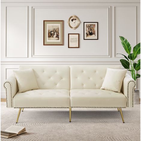 Sofá cama 2 plazas 147x85 cm beige en terciopelo y espuma con respaldos ajustables (1/5)