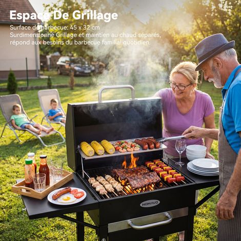 HOMAVO Barbecue Charbon de Bois, Surface de Cuisson: 45×32 cm, Grille Principale Émaillée, Tablette Latérale, avec Housse Barbecue
