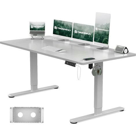 Bureau Assis Debout 160x80cm avec Prise Type-C, Bureau Réglable en Hauteur avec Bac de Gestion des Câbles, 3 Mémoires de Hauteur, Gris (1/5)