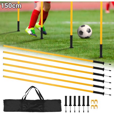 Jiubiaz Kit de piquets de slalom football 150 cm, 6 poteaux avec 2 barres de haie 100 cm, pointes de sol et sac de transport, jaune, agilité et coordination (1/5)