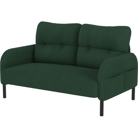 Ensemble salon 3 pièces : canapé 2 places, fauteuil et pouf en velours côtelé vert émeraude avec poches latérales et structure métal-bois (1/5)