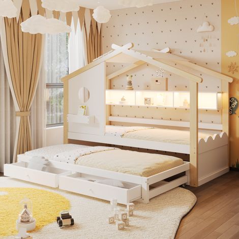 Lit enfant gigogne 90x200 cm + 90x190 cm forme maison, 2 tiroirs, ports USB/Type-C, LED, étagères, blanc bois brut