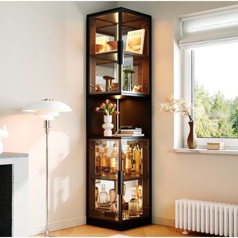 Vitrina LED de 205 cm con dobles puertas de cristal y fondo espejo, negra OKWISH (1/5)