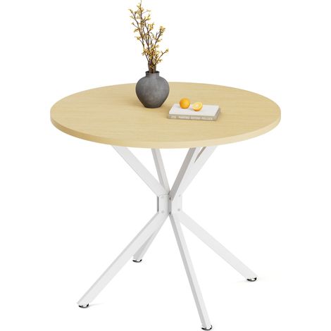 Table à manger ronde 90cm adaptée pour 1 4 personnes table de cuisine gain de place avec pieds métalliques stables idéale pour salle à manger ou salon couleur bois et blanc (1/5)