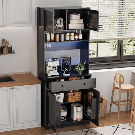 Mobile dispensa cucina alto 180 cm in MDF nero con LED RGB regolabili via app, 2 prese, 2 porte USB, cassetto e ripiani per cucina e sala da pranzo  FLORAGRACE (1/5)