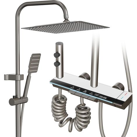 Colonne de Douche avec Mitigeur, Gris Titane, Tête Carrée 30x30cm Hauteur Réglable 76-144cm, Affichage LED, Douchette à Main, Jet, Robinet (1/5)