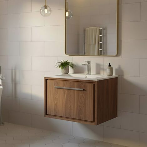 Hudson Reed Lille Wall Hung 1-Drawer Vanity Unit with 1TH Minimalist Basin 600mm Wide - Antique Oak (1/5)