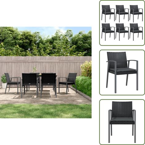 The Living Store Chaises de jardin et coussins lot de 6 noir 56,5x57x83 cm rotin - Chaise de jardin noir (1/5)
