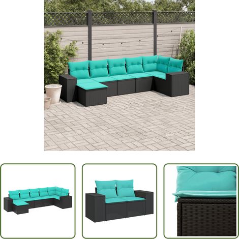 Gartenmöbel - 7-teiliges Gartensofa-Set mit Kissen, schwarzes Polyrattan (1/5)