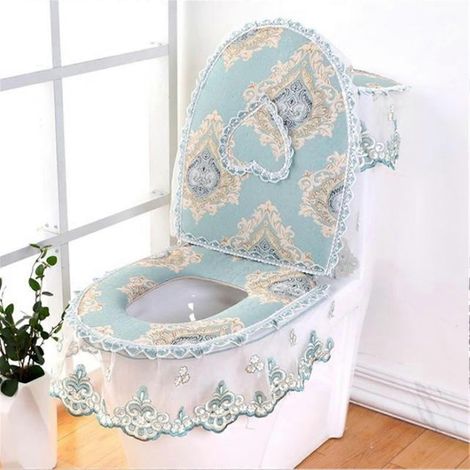 Ensemble de coussin de siège de toilette en dentelle européenne vert clair en forme de U avec fermeture éclair, pour un confort optimal en hiver. (1/5)