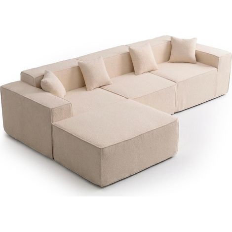 Canapé modulable en angle avec pouf Archiduc Tissu bouclette beige