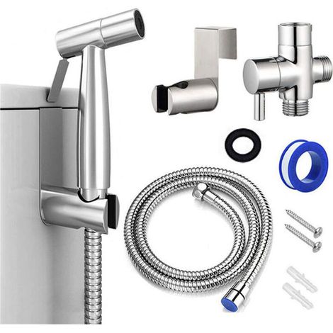Kit Douchette wc,Pomme de Douche Pour le Nettoyage de la Salle de Bain, Pulvérisateur pour L'hygiène Personnelle Quotidienne, Jeu de Tuyaux Mural (Argent) (1/3)