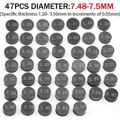Kit de cales de soupape réglables applicable 10 mm/9,48 mm/8,85 mm/7,48 mm Pièces de moteur de moto pour Honda, Suzuki, Yamaha et Kawasaki (7,48-7,5 mm) (1/5)