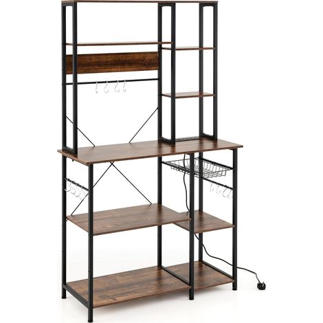 COSTWAY Étagère de Cuisine en Bois avec Multiprise, Support Micro-Ondes 9 Niveaux, 12 Crochets, Panier, Pieds Réglables et Cadre en Métal, 99 x 40 x 170 cm, Marron Rustique