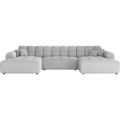 ALEXIA - Canapé panoramique tissu bouclette 5 places - Gris clair