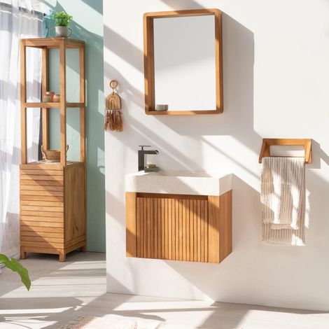Wanda Collection – Meuble lave-mains suspendu en teck 60 cm – Vasque en terrazzo crème – Résistant à l'humidité – Rangement derrière porte lattée (1/5)