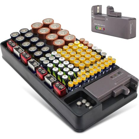 Fishtec – Boite de rangement pour 98 piles AA AAA C D 9V – Testeur détachable – Dimensions 35 x 17.5 x 4.3 cm – Fixation murale incluse