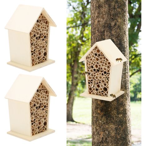 Casa para abejas de madera de dos piezas, caja nido con bambú, refugio natural para polinizadores, hábitat seguro, decoración de jardín, regalo ecológico (1/5)
