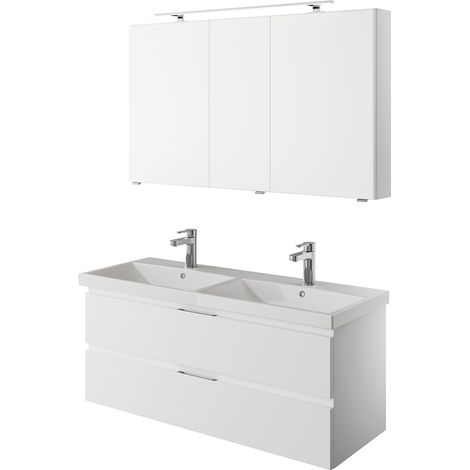 Badmöbel Set mit Doppelwaschtisch und Spiegelschrank in weiß Glanz VILLATORO-66, B/H/T ca. 120/200/45 cm (1/5)